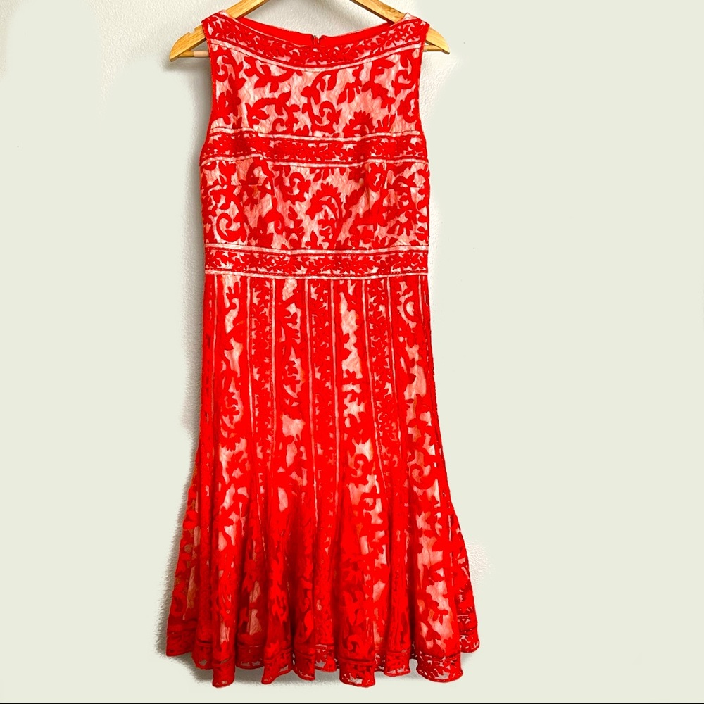 Tadashi Shoji Orange Floral Lace Dress 6 8 Midi